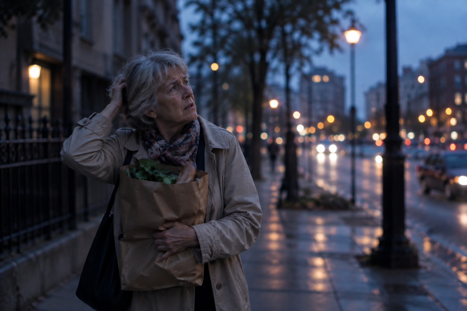 Older woman alone on an unfamiliar city street at dusk
